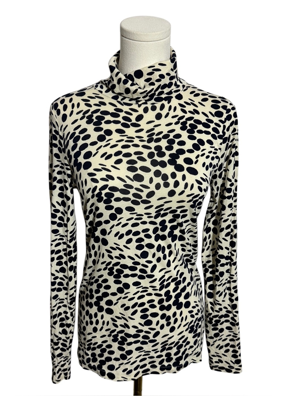 WSH54 {J. Crew} "Tissue Tee Turtleneck" Ivory Navy Blue Spotted Long Sleeves Top